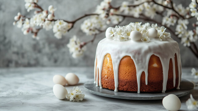cake with icing sugar. Traditional Eastern European Easter cake Kulich Paska with white sugar glaze and flower decorations