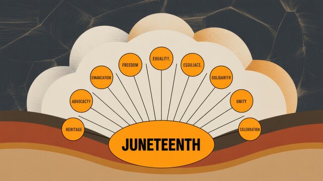 Juneteenth celebration mind map illustrating freedom equality solidarity unity heritage advocacy