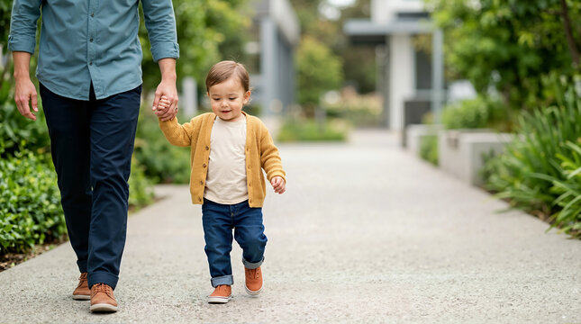Toddler walking on a paved path holding a parent's hand. Little boy in a yellow cardigan and jeans guided by an adult outdoors. Family bonding and support concept