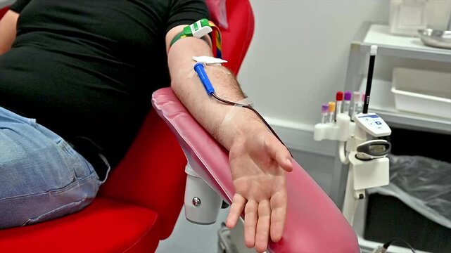 Close-up of a blood donor arm with a cannula and tube during donation beside sample tubes on a tray at a clinic illustrating voluntary blood donation.