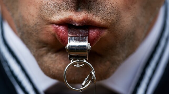 Closeup of a referees whistle in action lips pressed tight around the metal as cheeks puff capturing the intensity of a critical soccer match moment.