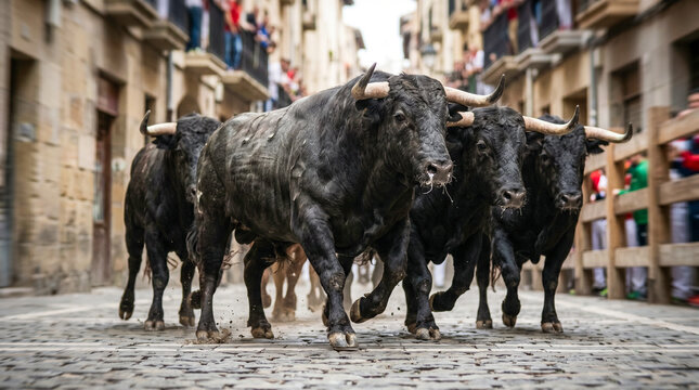 Detalle de toros en movimiento durante un encierro tradicional.