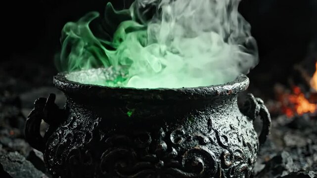 Cinematic close-up of a bubbling black cast iron witch cauldron with thick green magical smoke. Glowing potion, mystical brew in dark spooky dungeon. Fantasy, Halloween, and witchcraft concept.