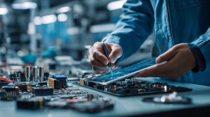 Fototapeta premium Technician Testing Internal Components of Tablet Device with Tools and Digital Screen in Laboratory Environment