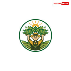 Fototapeta premium Farmer Holding Fresh Green Leaves Above Head Symbolizing Growth.