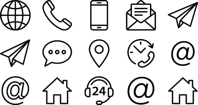 Contact us line icon set featuring web globe phone smartphone email envelope paper plane message chat pin map location customer support and home symbols