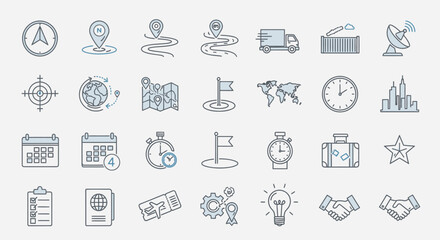 Fototapeta premium Logistics and Global Business Line Icons Set with Blue and Grey Accents in Bright Studio