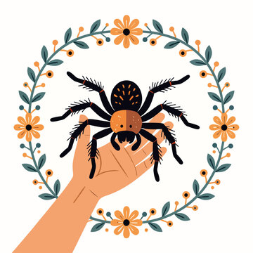 Human hand holding a tarantula spider. Exotic pet care and arachnid concept. Flat design vector illustration with floral wreath