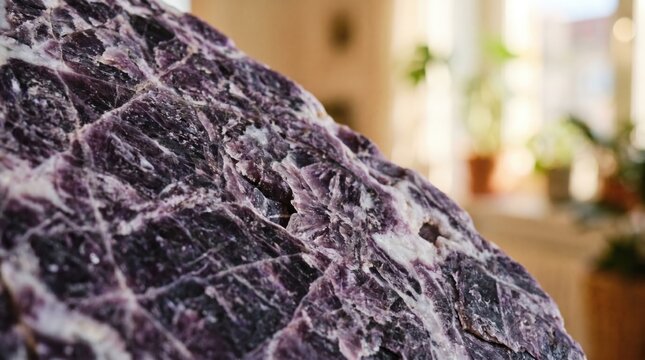 Purple lepidolite mica mineral crystal stone specimen showing layered texture and crystalline structure in a close up view for geology and healing crystal enthusiasts
