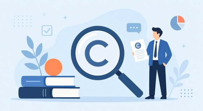 Businessman holding copyright document with magnifying glass and books representing intellectual property protection, legal authorship rights, and patent law concepts in flat vector style