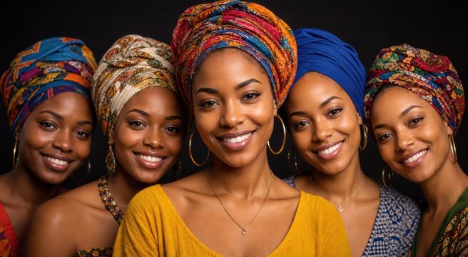 Five beautiful African women wearing colorful headwraps and traditional jewelry smiling together in a group portrait celebrating cultural heritage and diversity