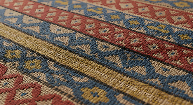 Rustic woven textile texture with colorful geometric patterns and traditional ethnic design
