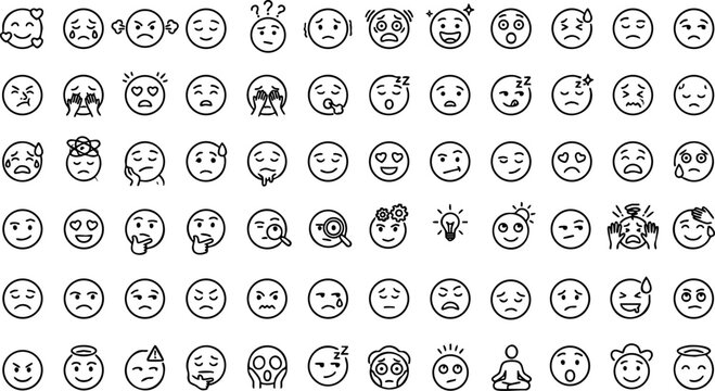 Large set of various facial expression emoticons showing different human emotions with emotions, emoticons