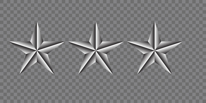 Silver star shapes with transparent background three dimensional rendering