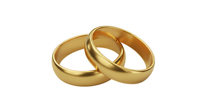 3d icon of two plain gold wedding rings intertwined, isolated on transparent background