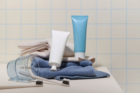 Bathroom essentials: toothpaste tubes, toothbrushes