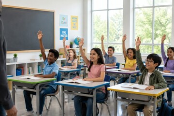 Obraz premium Diverse elementary school students raising hands in classroom