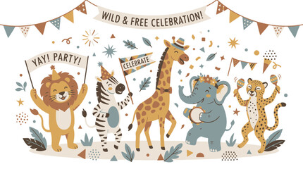 Jungle Animals Celebration Illustration with Happy Characters and Party Decor © JaluBima