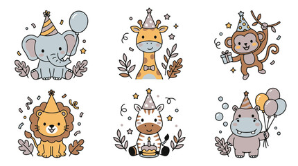 Fototapeta premium Animals Safari Birthday Party Illustration Set Cute Jungle Baby Wildlife Characters Perfect for Childrens Celebrations and Sweet Designs