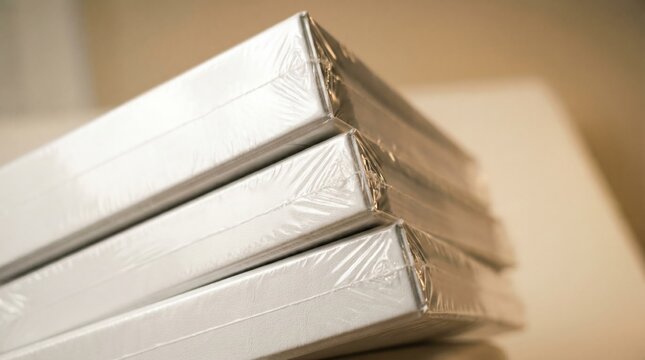 Stack of white shrink wrapped photo albums or books ready for shipping or storage featuring clear plastic protective film and clean minimalist design for professional presentation