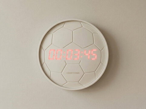 Round countdown timer with soccer ball design displaying three minutes and forty-five seconds on a beige wall. Concept of global sports celebration, international football competition