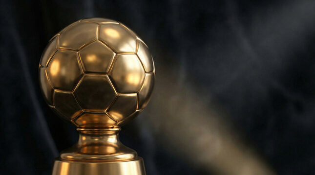 Golden soccer ball trophy on a pedestal, symbolizing sports achievement and excellence in football. Concept of global sports celebration, international football competition, space for text