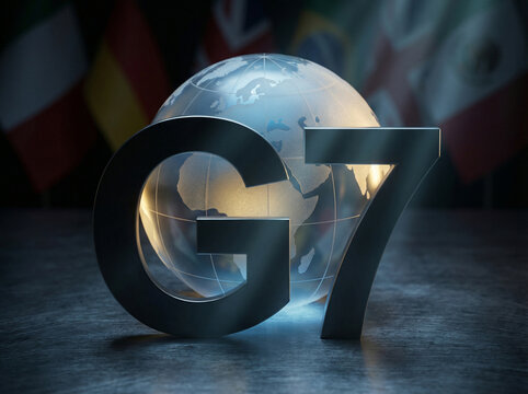 G7 logo in front of illuminated globe with international flags in background, representing global cooperation and economic discussions, concepts of international diplomacy, global strategy