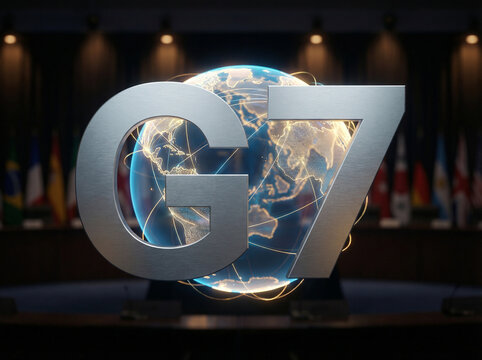 G7 summit logo with globe and illuminated continents, flags of member countries in background, conference setting, concept of international diplomacy, high-level political negotiation, global strategy