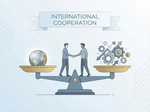 Illustration of international cooperation with two men shaking hands on a balance scale, globe and gears on either side, concepts of international diplomacy, global strategy