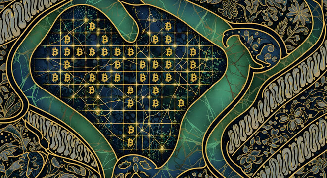 Golden Bitcoin grid on an elegant abstract background with traditional ornate patterns and marble texture