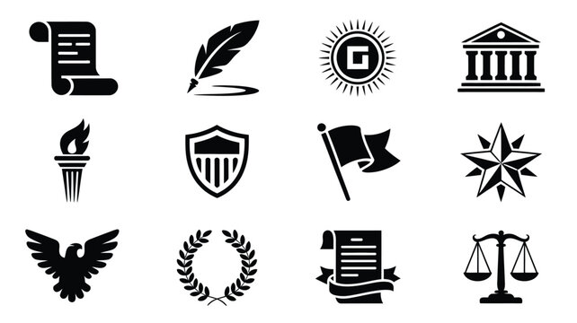 Government and law icons including scroll quill feather temple torch shield and eagle sign.