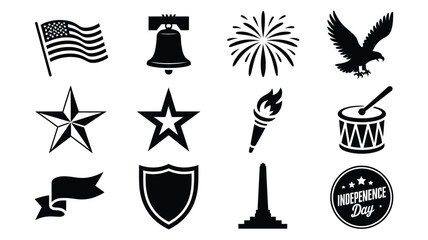 American holiday icons set showing star torch flag eagle and celebration text elements. © Suranjana