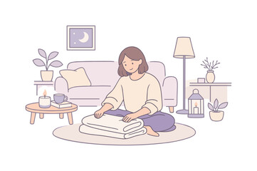 Obraz premium Woman cleaning cozy home in a quiet evening setting, sitting on the floor folding a light blanket neatly, minimalist flat vector