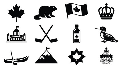 Obraz premium Canadian national symbols icon set - black and white vector collection of canada culture.