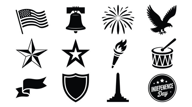 American holiday icons set showing star torch flag eagle and celebration text elements.