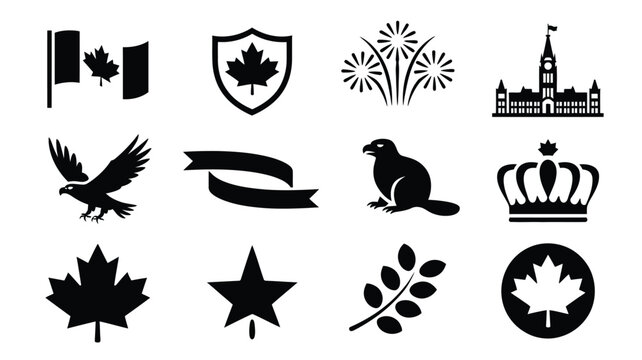 Canada symbols icon set - black and white vector collection of canadian national emblems.