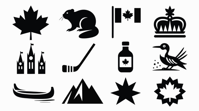 Canada symbols black and white icon set - vector collection of canadian national emblems.