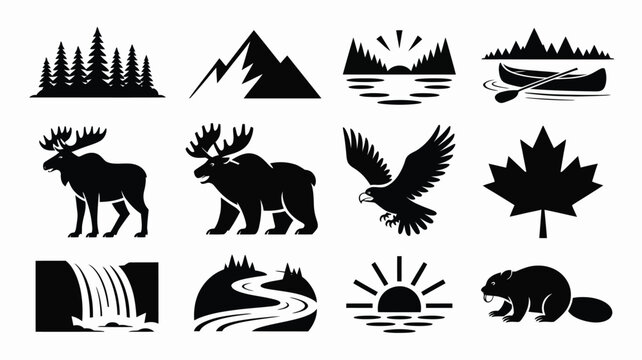 Canadian outdoor landscape symbols featuring forests mountains rivers and wildlife vector icons.