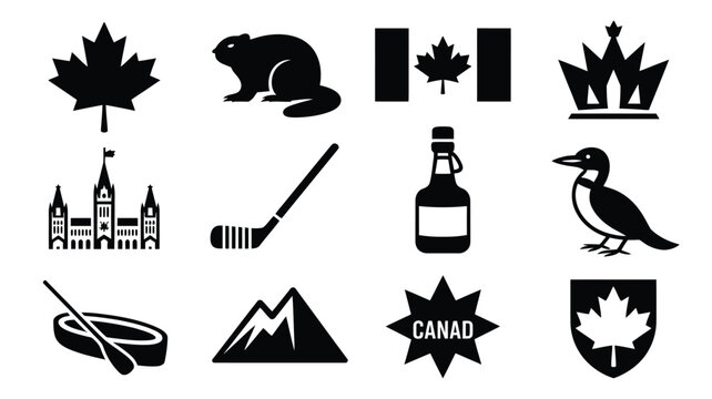 Canadian national symbols featuring maple leaf flag beaver crown and parliament buildings vector art.