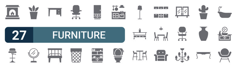 Set of 27 filled Furniture icons including fireplace, chair stand, flower pot, mirror, desk. Solid vector glyph illustration © Sophia
