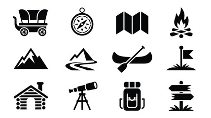 Set of adventure and camping icons featuring wagon compass map campfire mountain and cabin. © Suranjana