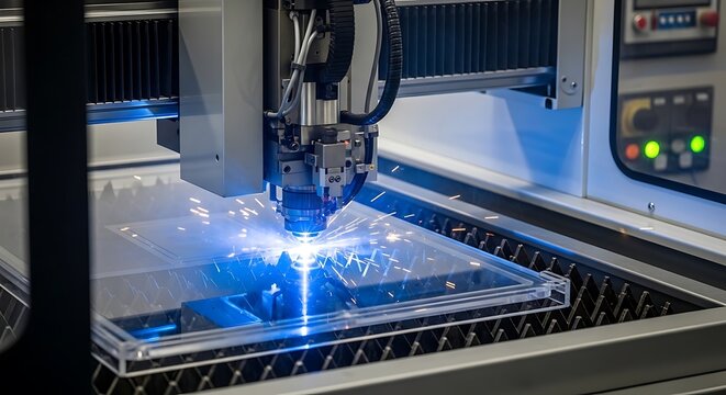 Industrial laser cutting machine engraving a transparent acrylic sheet with bright blue sparks and light beams in a modern manufacturing workshop