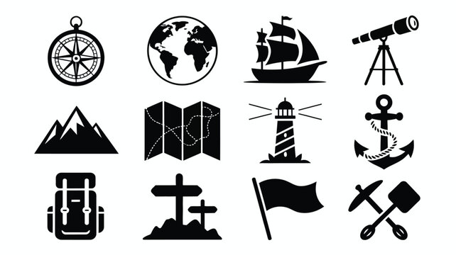 Set of travel navigation and exploration icons representing adventure and pathfinding.
