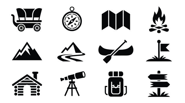 Set of adventure and camping icons featuring wagon compass map campfire mountain and cabin.