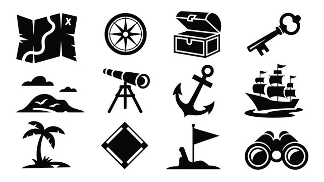 Treasure map and maritime icons for island adventure and exploration design concepts.