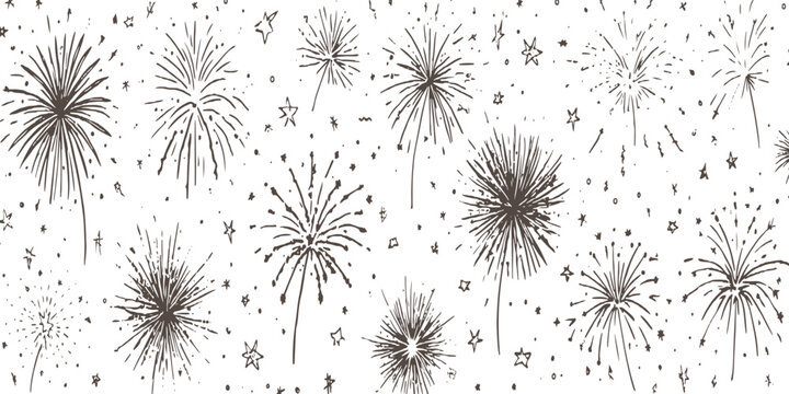 Hand drawn festive fireworks explosion background with stars and celebration doodle sketch pattern vector illustration.