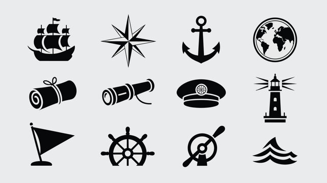 Nautical icons set includes sailboat, compass rose, anchor, globe, scroll, spyglass, captain's hat, lighthouse, flag, ship's wheel, propeller, and waves.