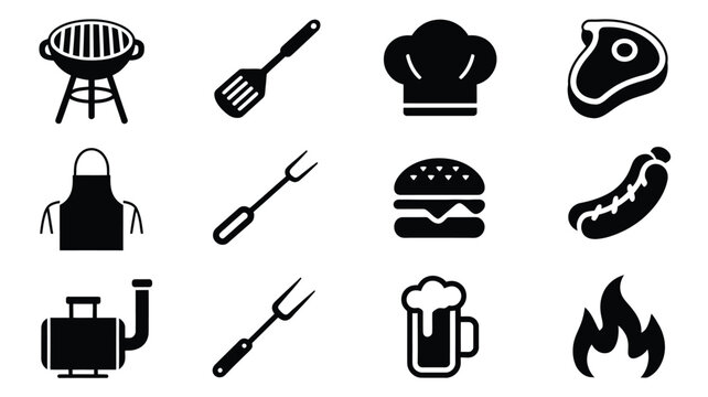 Set of barbecue and grilling vector icons isolated on white background grill spatula chef hat.