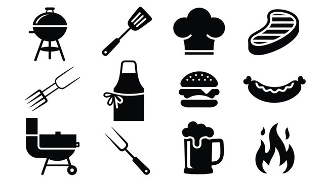 Set of barbecue and grilling vector icons isolated on white background grill spatula chef hat.