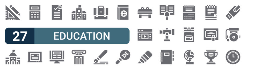 Set of 27 filled Education icons including triangle, university, calculator, blackboard, exam. Solid vector glyph illustration © Sophia
